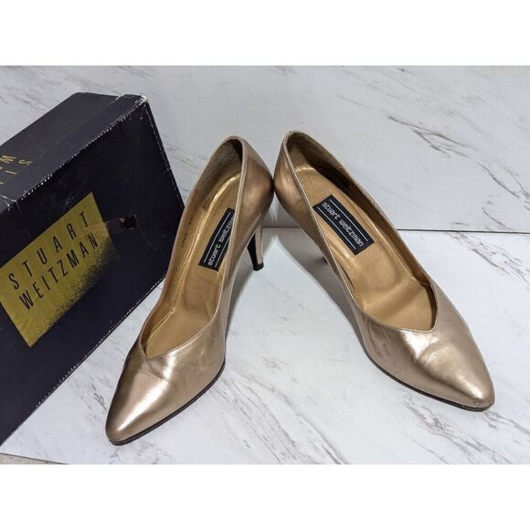 Stuart Weitzman Vintage Women's Matte Metallic Gold Slip-On Heel 3" Size 8.5 - Picture 1 of 9